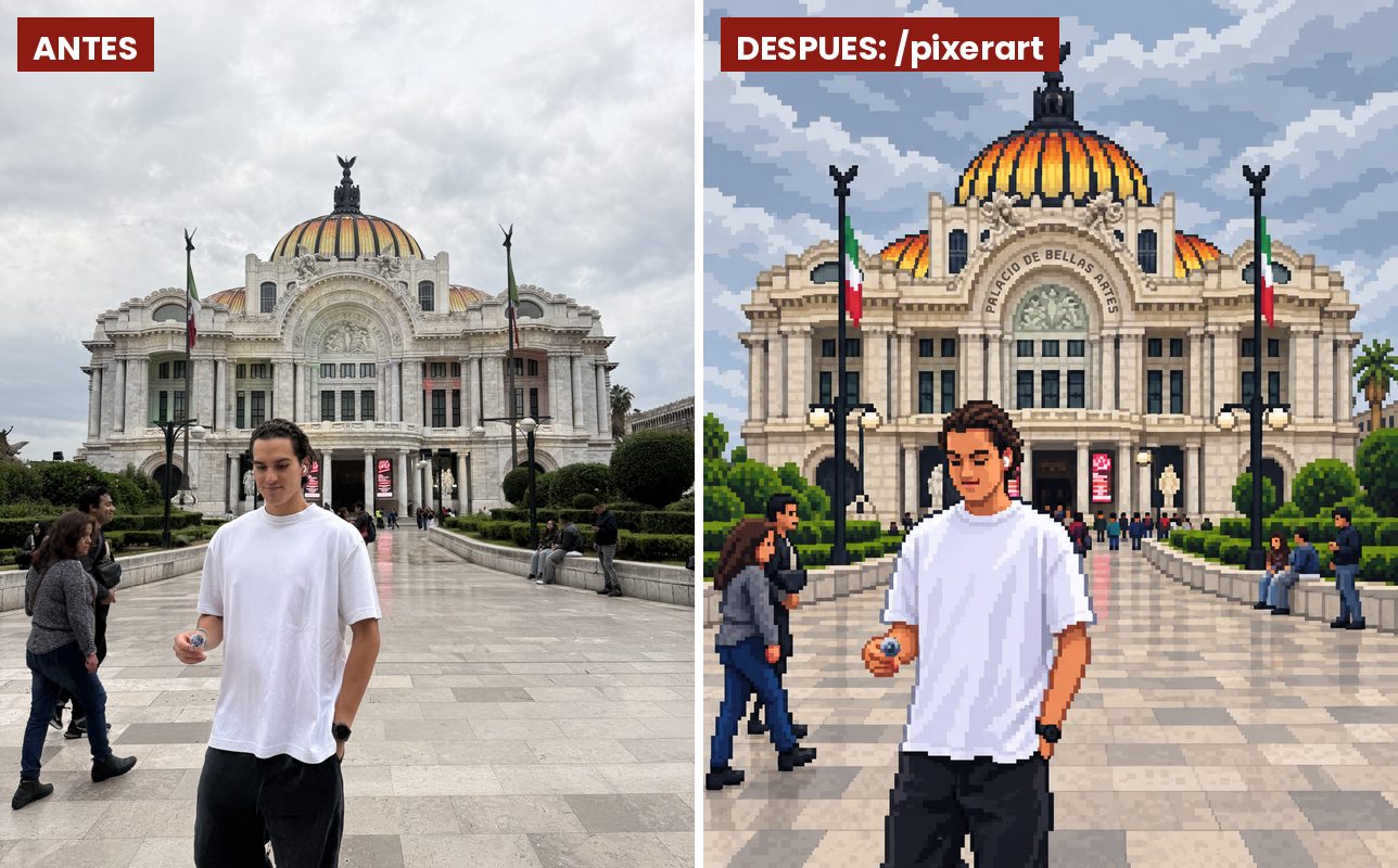 Antes y después del código /pixerart en ChatGPT