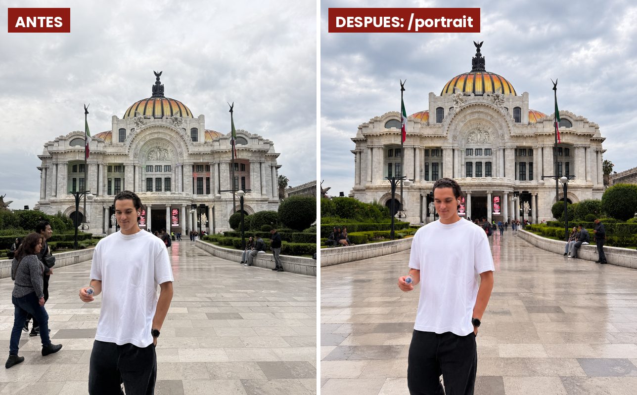 Antes y después del código /portrait en ChatGPT